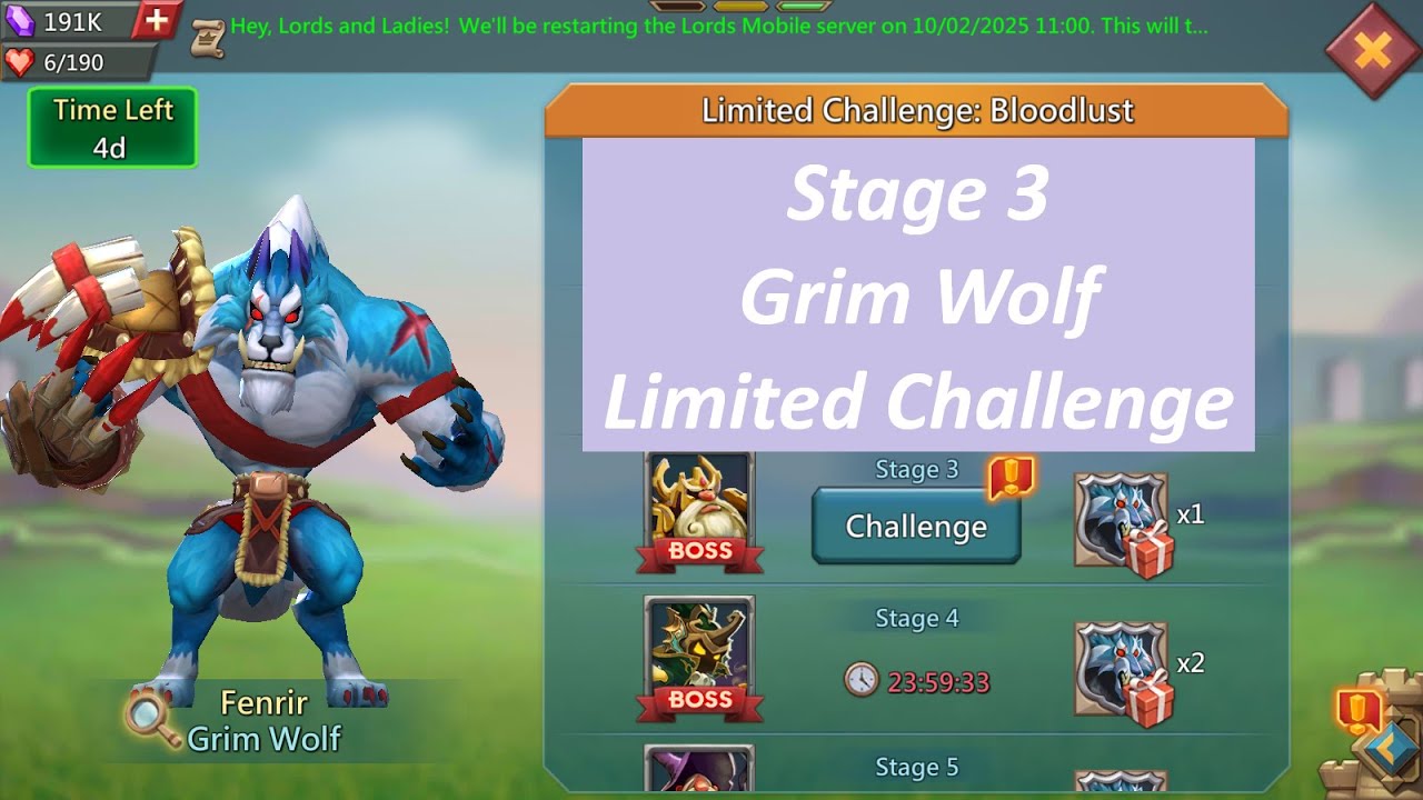 Lords mobile grimwolf limited Challenge stage 3 auto | limited challenge bloodlust stage 3 auto