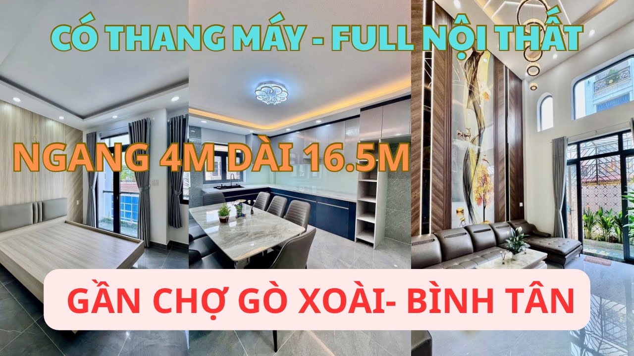 Nhà Bình Tân, Diện tích: 4m x 16,5m, 5 lầu, có thang máy, Full nội thất, 2 mặt tiền, gần chợ Gò Xoài