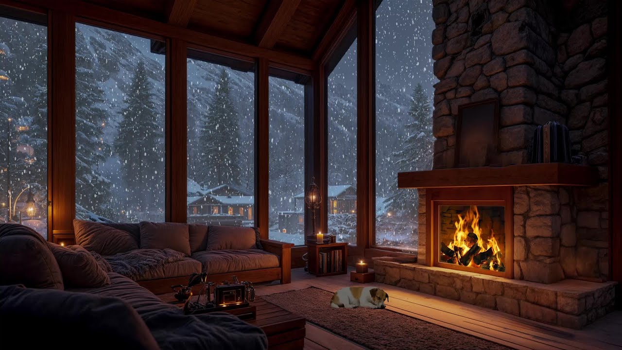 NO ADS ❄️ Cozy Winter Cabin – Snowfall, Fireplace & Sleeping Dog Ambience for Deep Sleep
