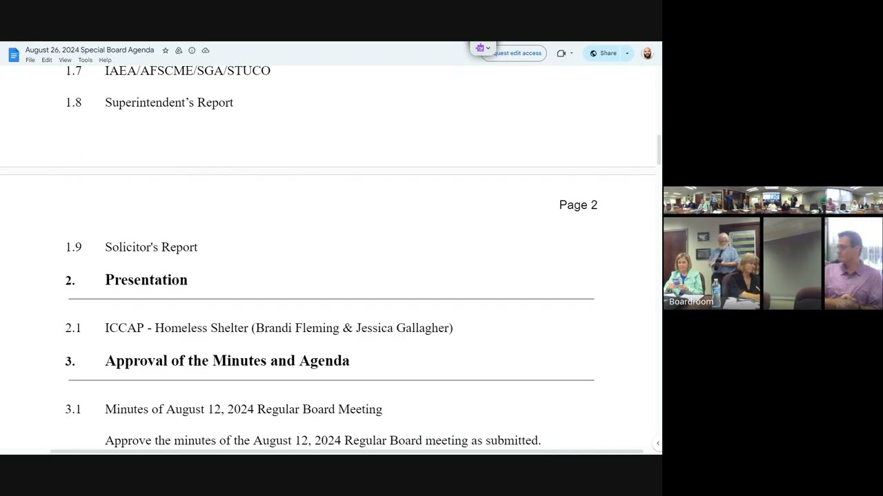 Special School Board Meeting – 2024 08 26