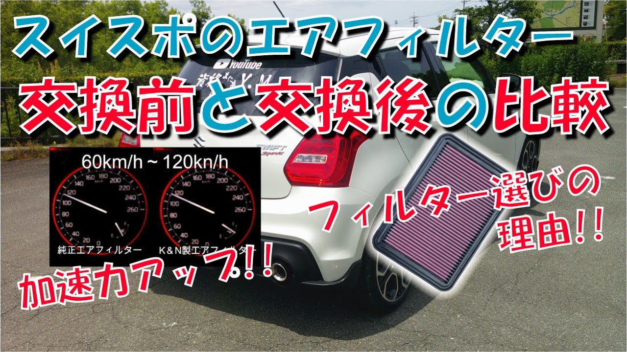 スイフトスポーツ の エアフィルター 交換前と交換後の比較【フル加速】【エンジン音】【純正交換タイプ】【吸気効率】【温度】【むき出し型】【K＆N】【吸気パイプ】【口径】