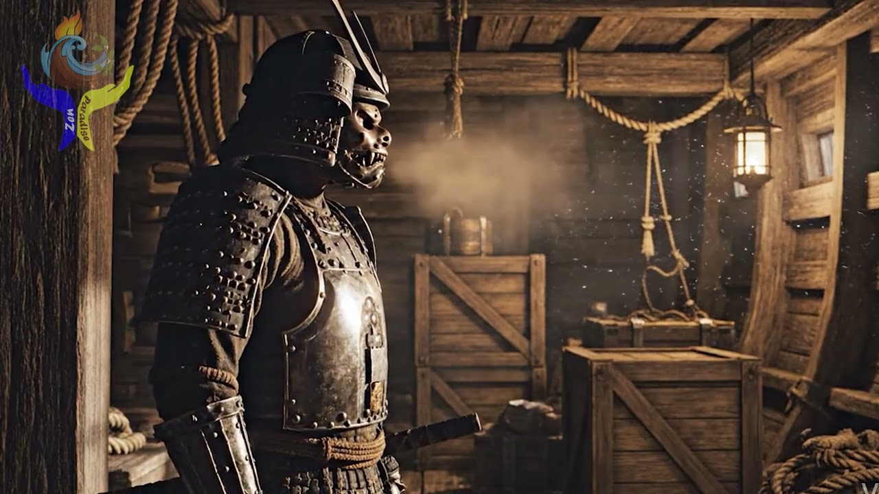 Samurai Inside Wooden Storage Hall – Lantern Light Held Still