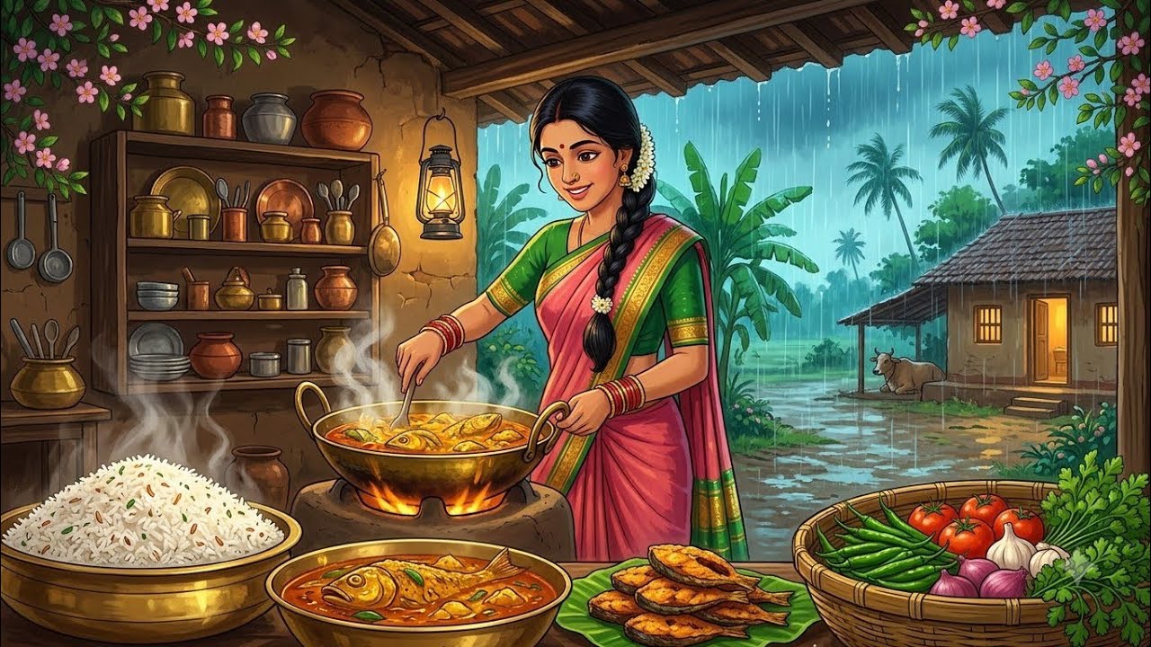 A Peaceful Rainy Day in 1990s Indian Village 🌧️ | Fresh Fish Curry, Chai & Simple Living