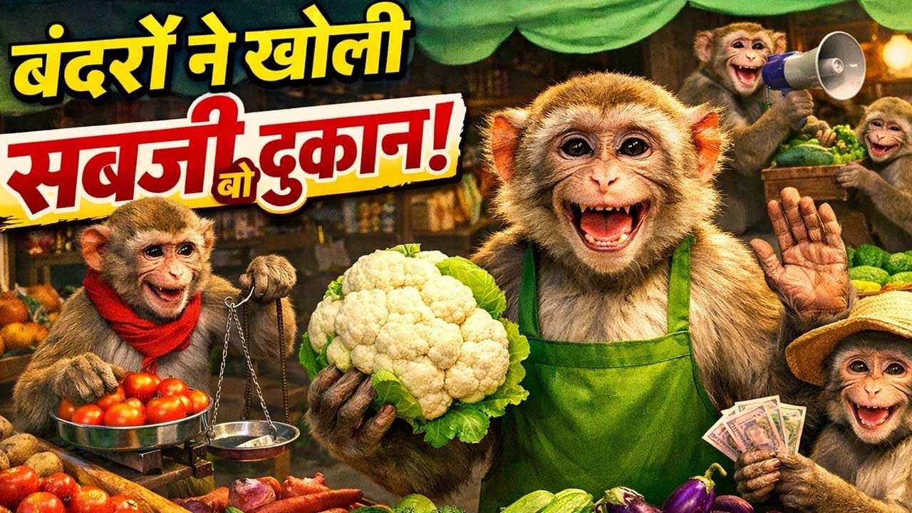 बंदरों ने मिलकर खोली सब्ज़ी की दुकान | Monkeys Opened a Vegetable Shop Together