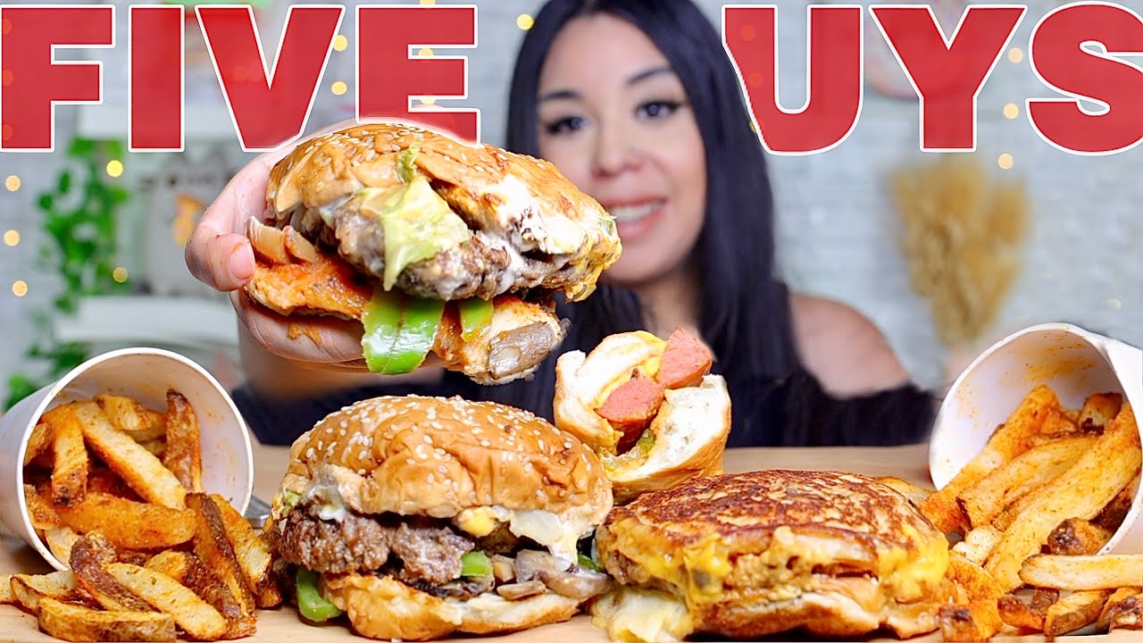 FIVE GUYS MUKBANG! Double Cheeseburger, Grilled Cheese Sandwich, Cheese Hot Dog, Cajun Fries