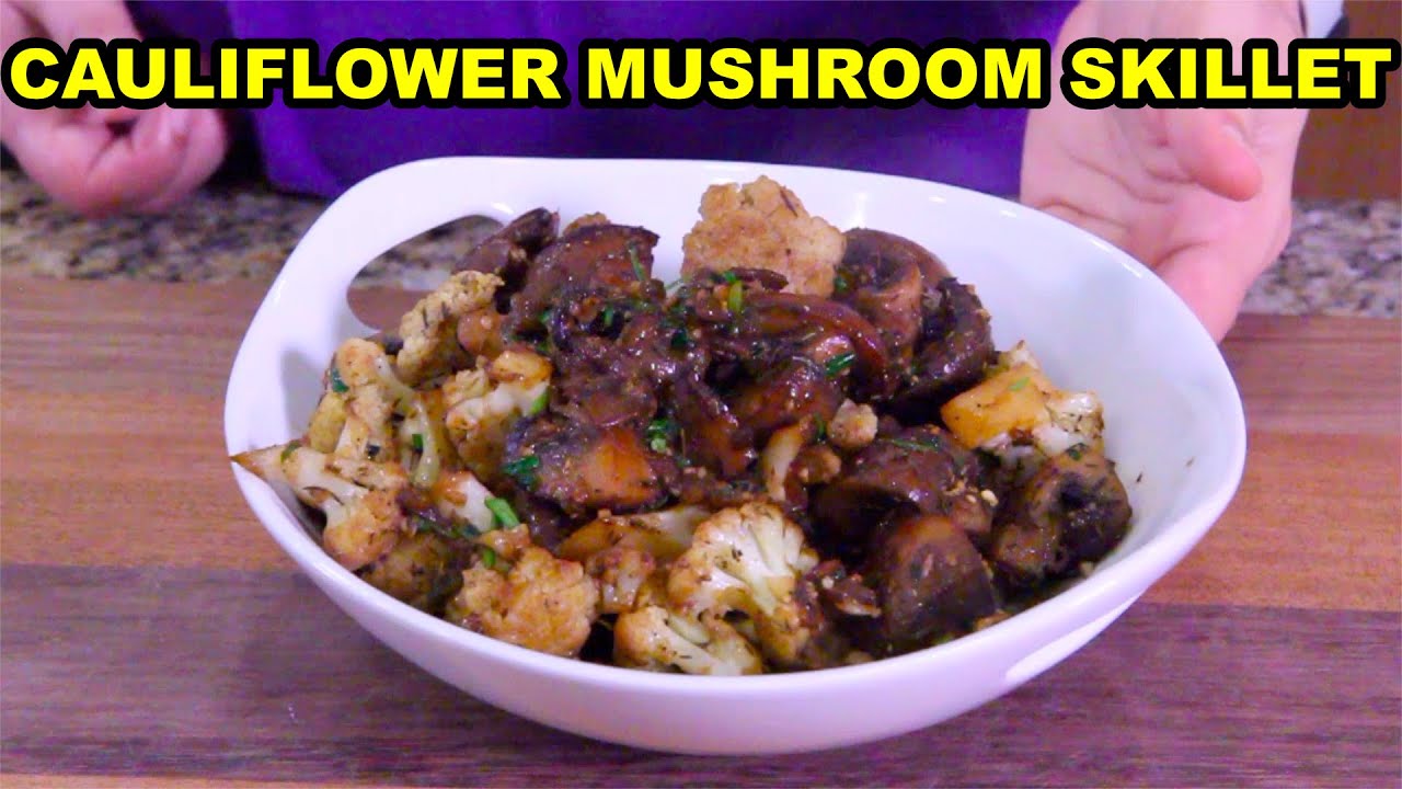 Грибы на сковороде с чесноком и цветной капустой (КЕТО)