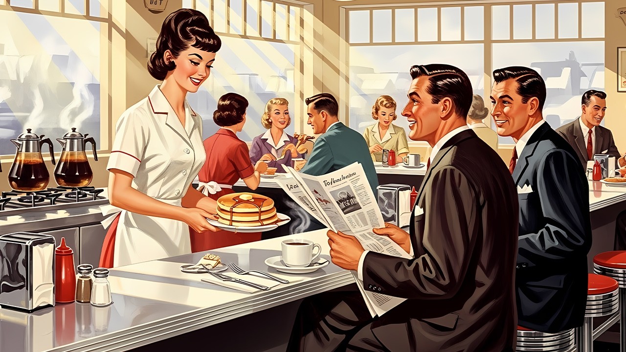 busy morning diner | cheerful 50s jazz playing in a classic american café