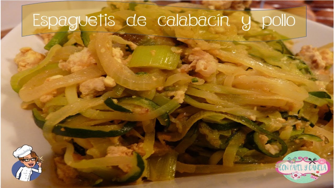 Espaguetis de calabacin, con pollo, receta fácil y saludable, paso a paso
