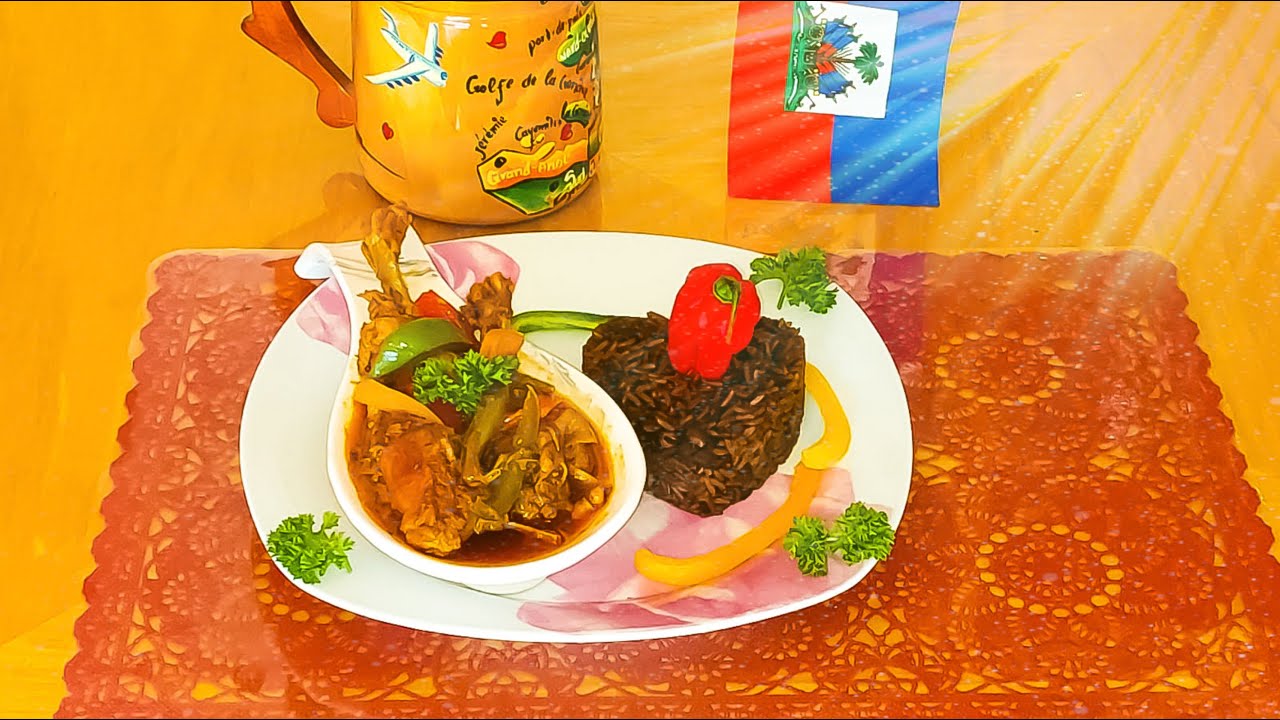 4) Resèt Diri kole ak sòs poul di // Recette riz-collé haïtien, sauce poule dure