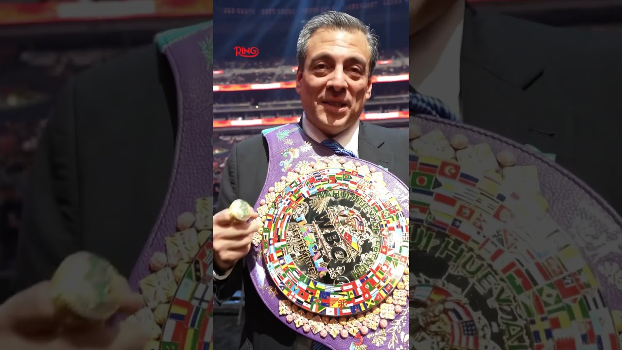 WBC president Mauricio Sulaiman shows off the special 'Nahui Huey Altepemeh' - Tlaxcala II belt