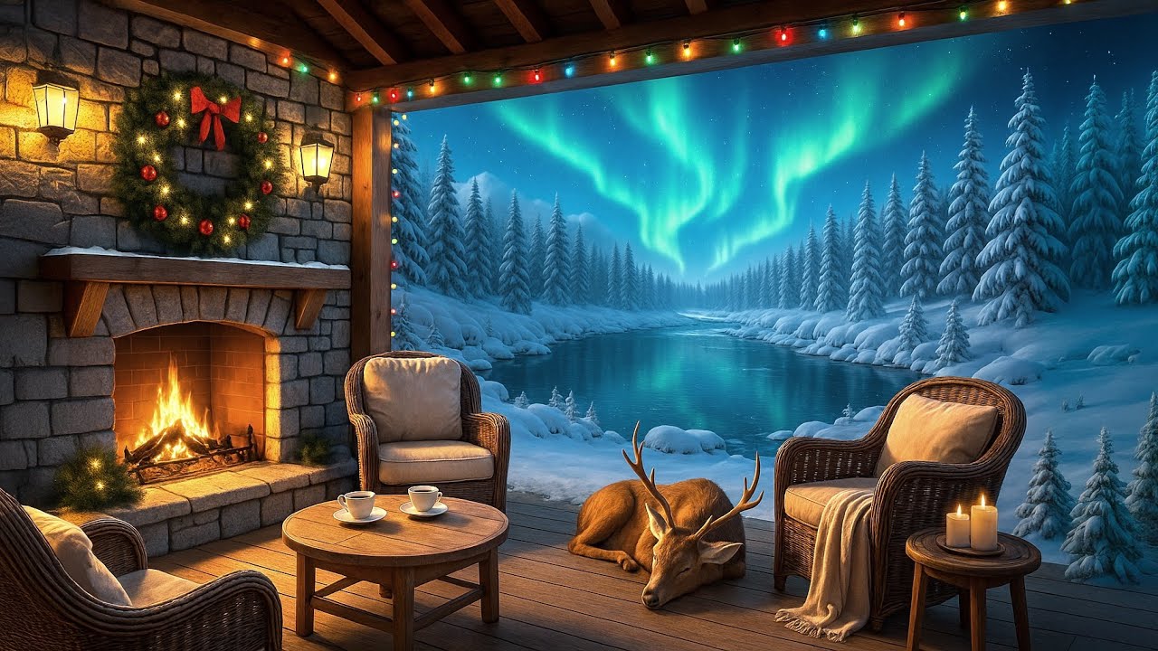 Dreamy Winter Cabin Porch Under a Green Sky | Sleepy Deer & Cozy Fireplace Sounds for Relaxation