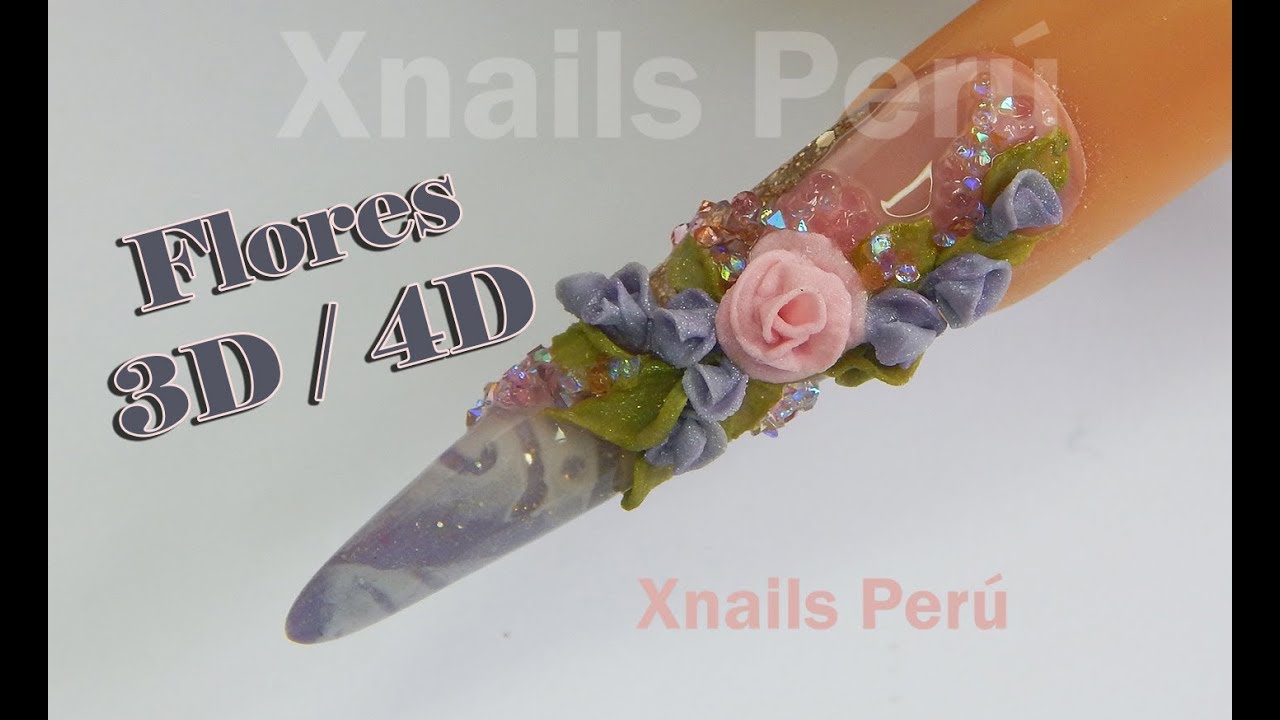 Uñas Acrílicas Punta Stiletto y Esquema floral 3d / 4d / Xnails Peru