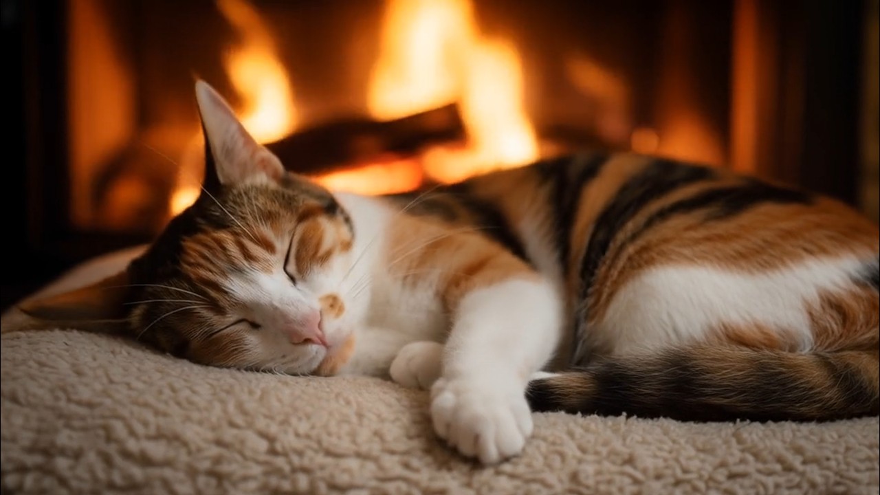 Warm Fireplace Glow & Gentle Purring Cat | Cozy Night Ambience 9Hours 4K [Deep Sleep · Relax · ASMR]