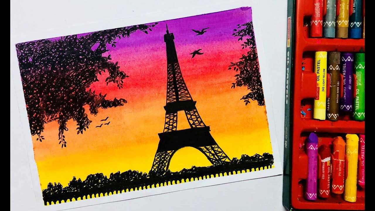 Eiffel Tower Scenery Drawing with Oil Pastels