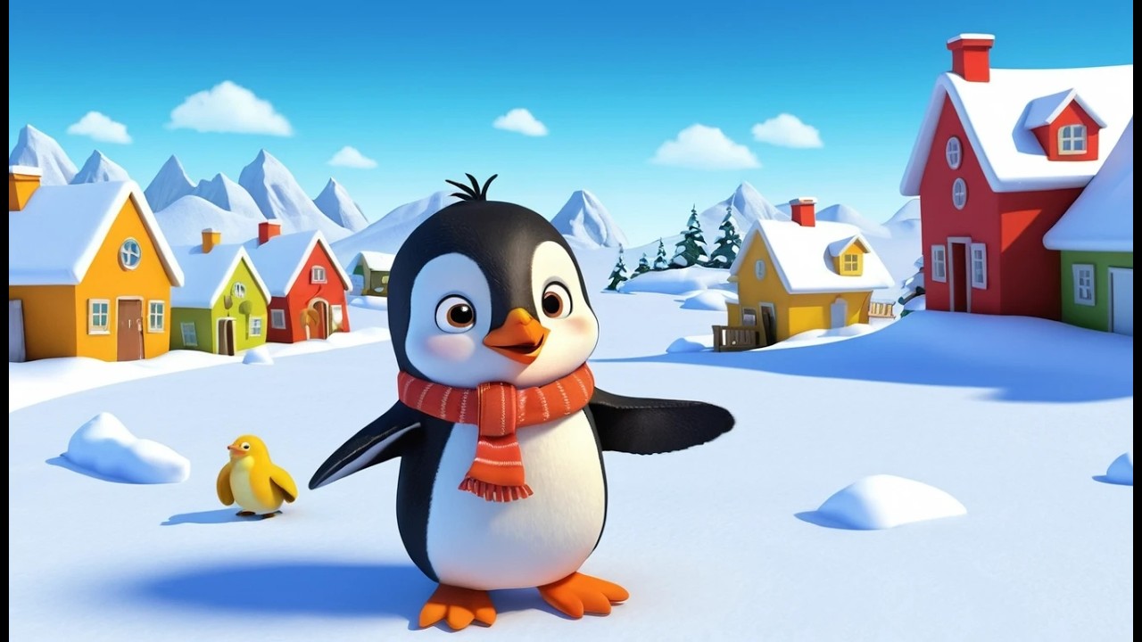 Un pingouin visite un village enneige