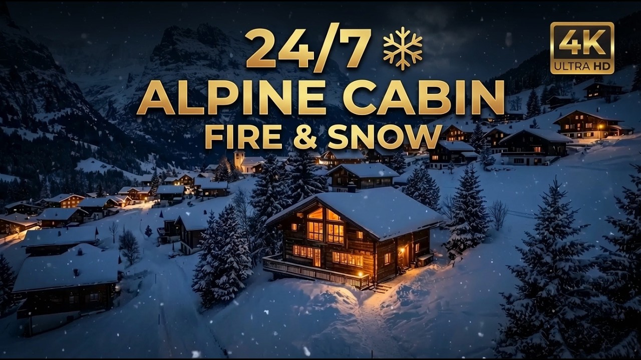 🔴 LIVE 24/7 | ❄️ 4K Alpine Cabin Fireplace | Snowfall Outside & Cozy Fire Sounds
