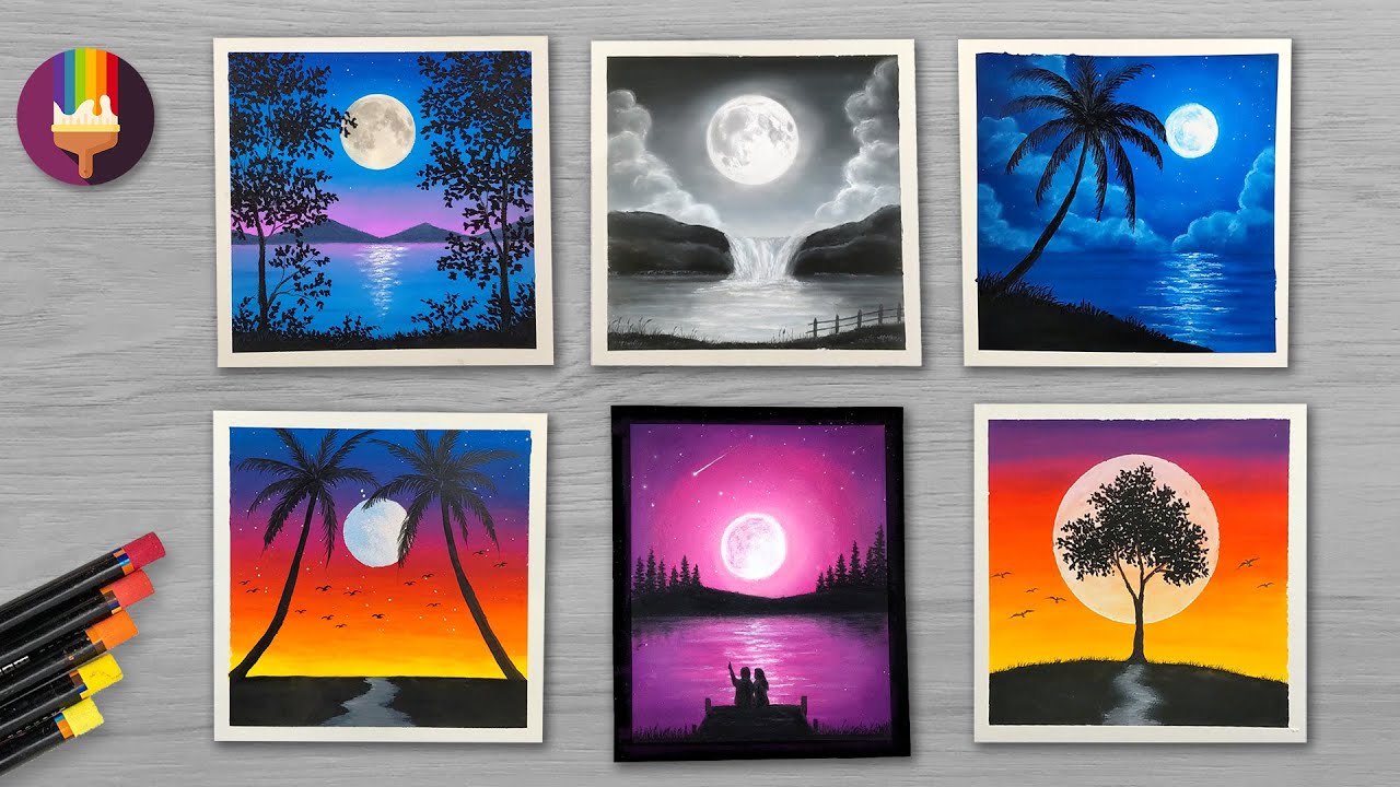 6 Easy Full Moon Drawing ideas for Beginners | How to Draw with Oil Pastel