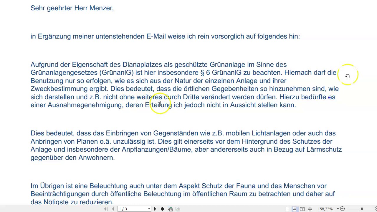 Keine Beleuchtung am Dianaplatz erlaubt laut Gr&uuml;nanlagengesetz