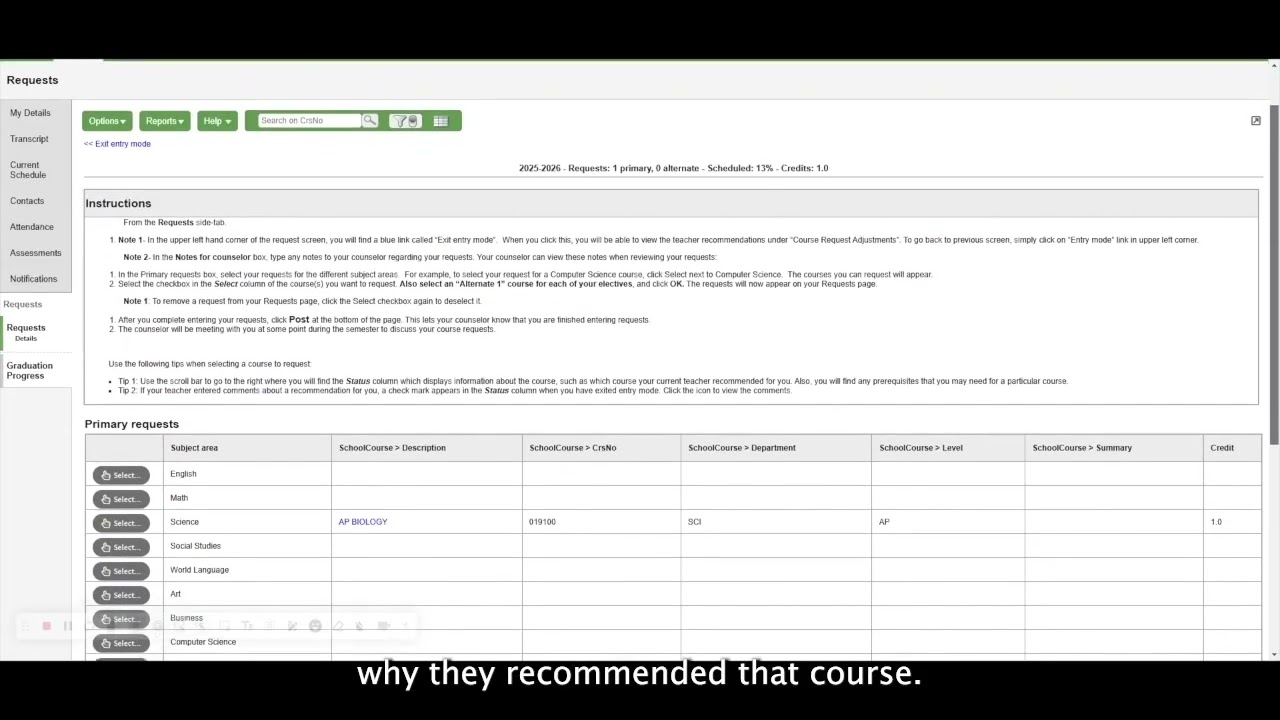 GHS Course Selection in Aspen