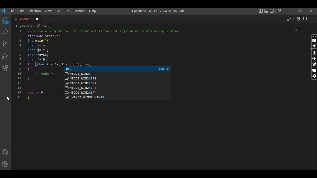 c program to print English alphabets using pointer
