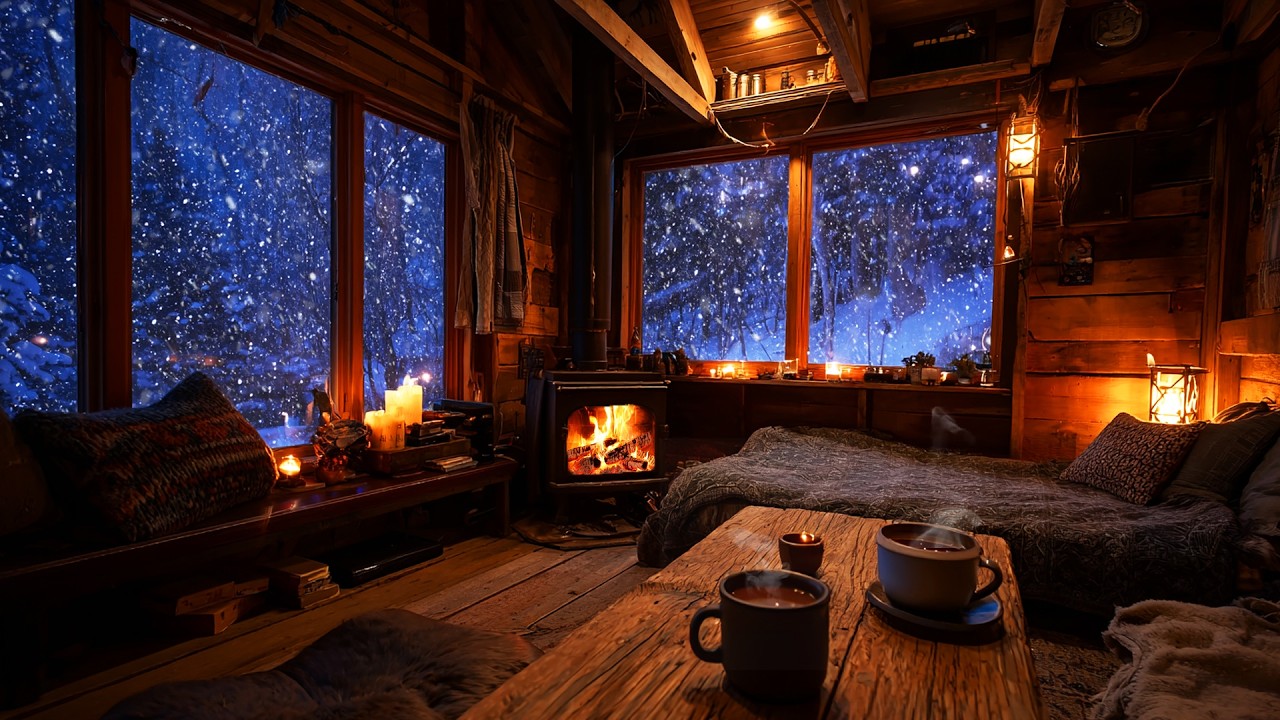 Cozy Cabin with Wood Stove on Snowy Night 🔥 | Deep Sleep Ambience (No Ads)
