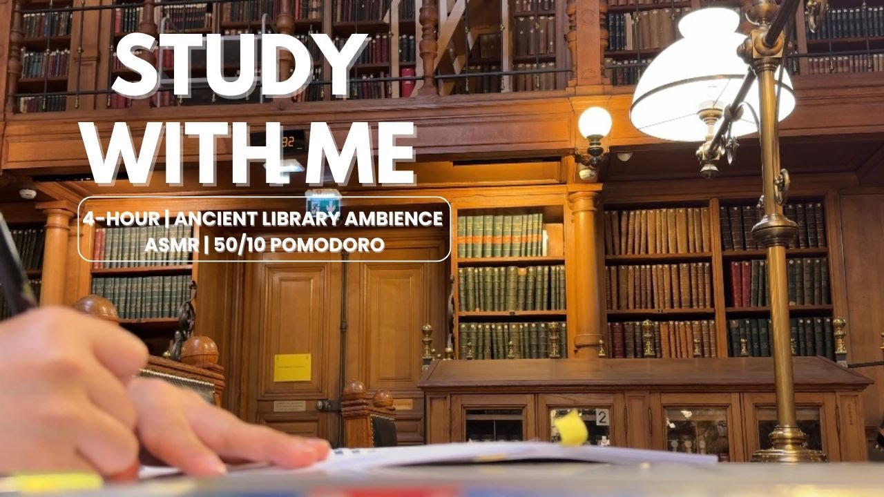 4 HOURS study with me | ancient library ambience | ASMR, real time | 50/10 Pomodoro | Summer Days ☀️