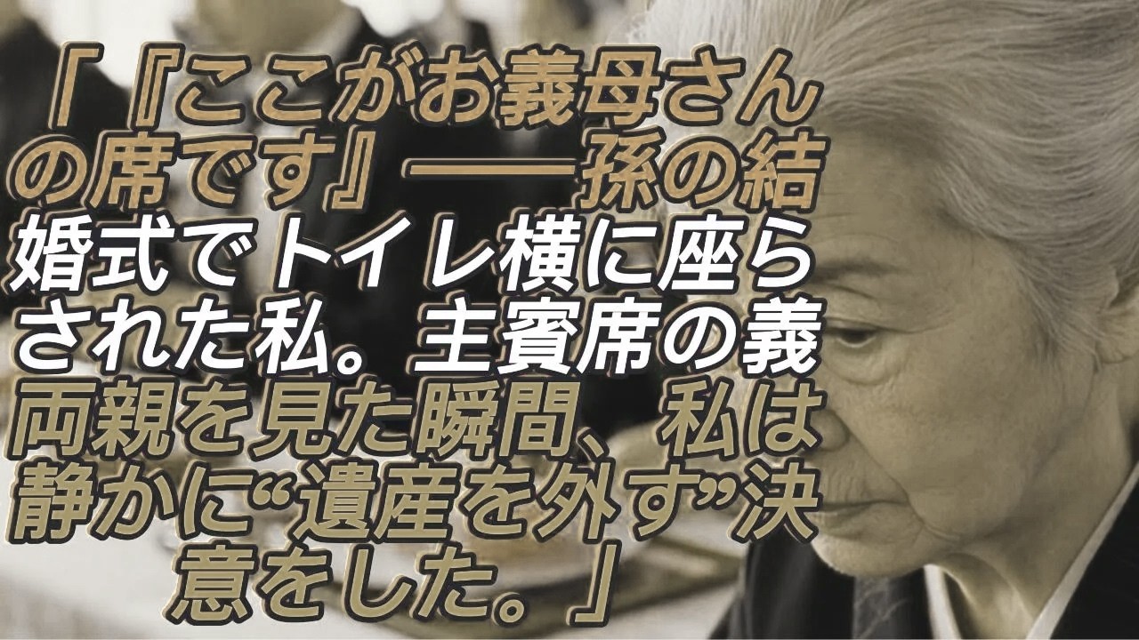 「“ここがお義母さんの席です”――孫の結婚式でトイレ横に座らされた私。主賓席の義両親を見て、静かに“遺産を外す”決意をした日。