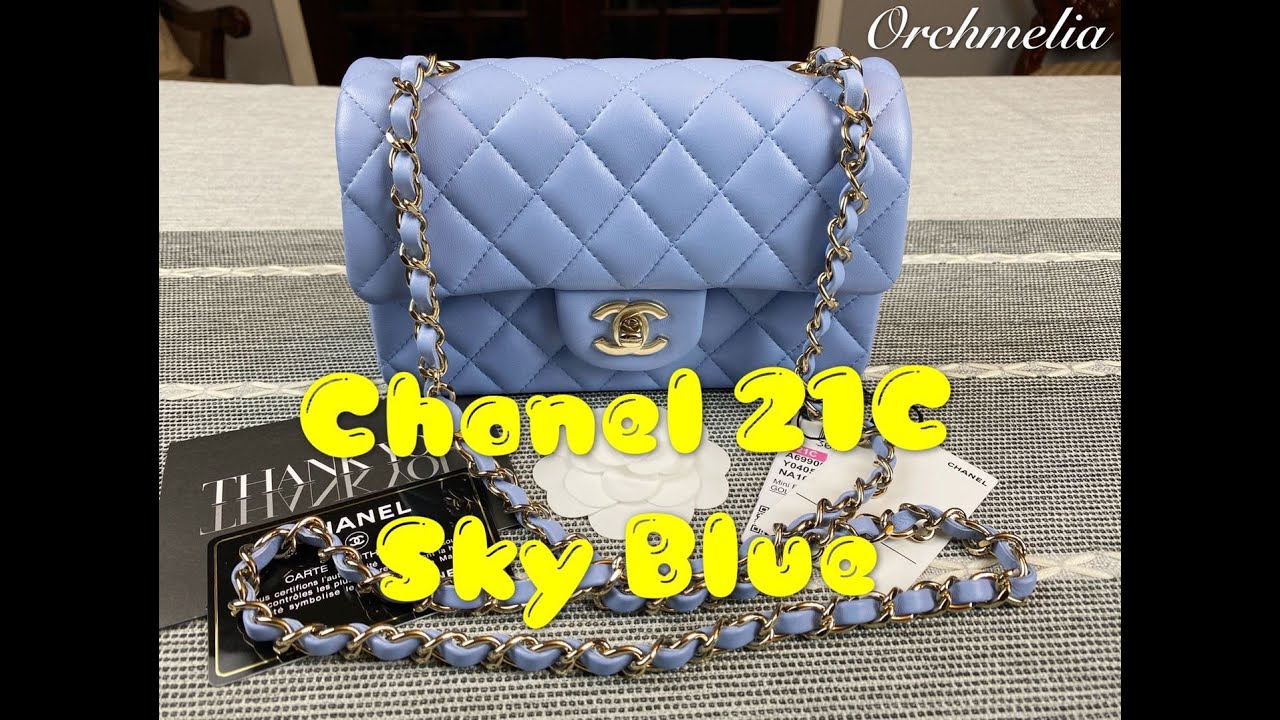 Chanel 21C Sky Blue Lambskin Rectangle Mini Classic Flap with Champagne Gold Hardware