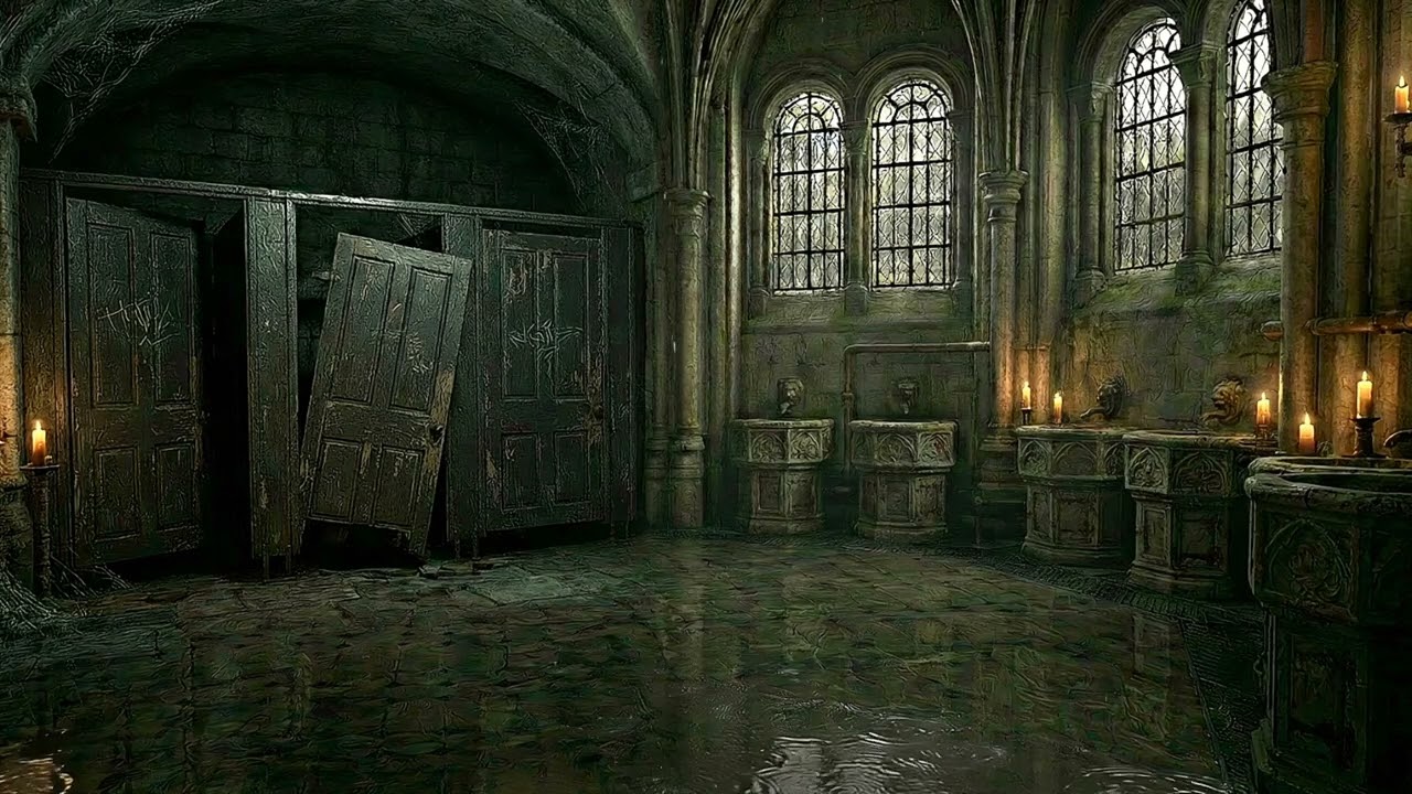 Haunted Magic School Bathroom ASMR 👻 Dripping Water & Ghost Girl Laughter | 2 Hours Soundscape