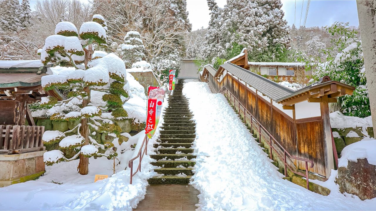 Japan: Yamadera Mountain Temple, Morning Walk in Winter &bull; 4K HDR