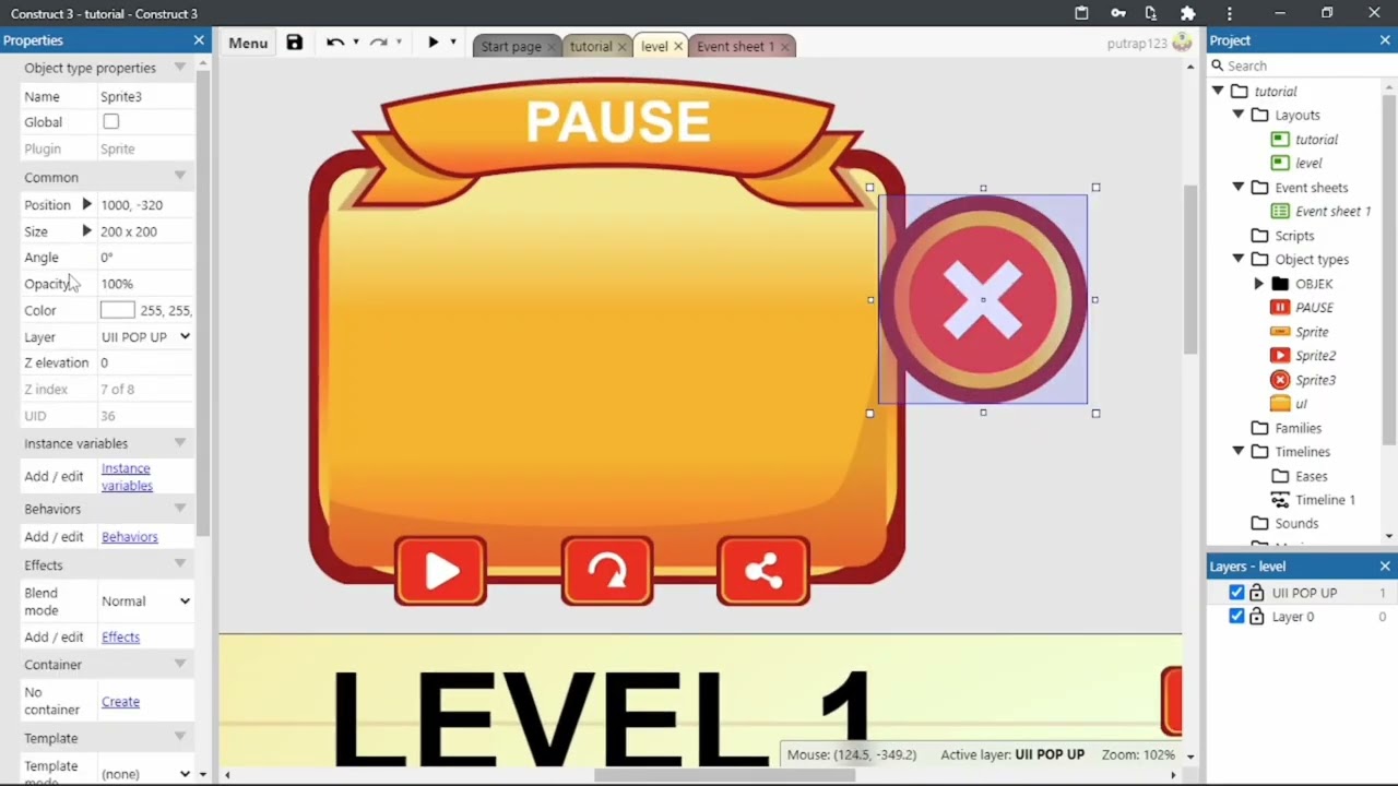 CONSTRUCT 3 - buat UI pop up untuk pause game