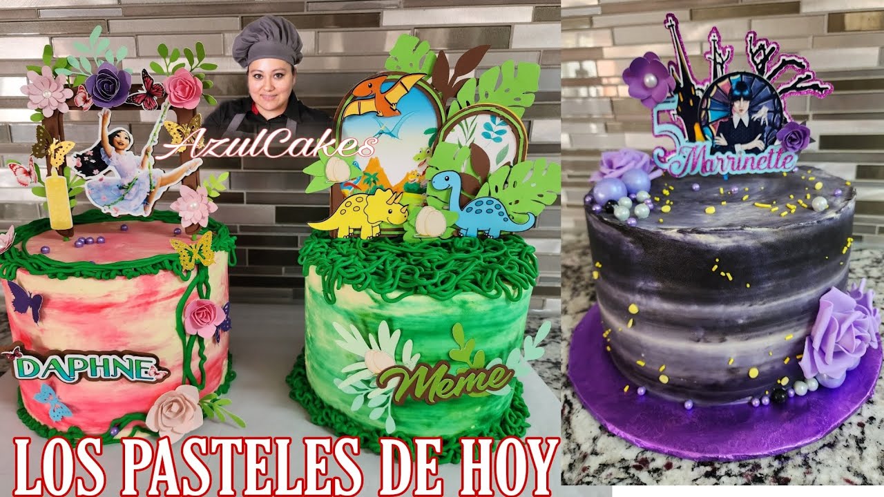 4 pasteles / pastel merlina / pastel encanto / pastel Dinosaurios / pastel versage con AzulCakes