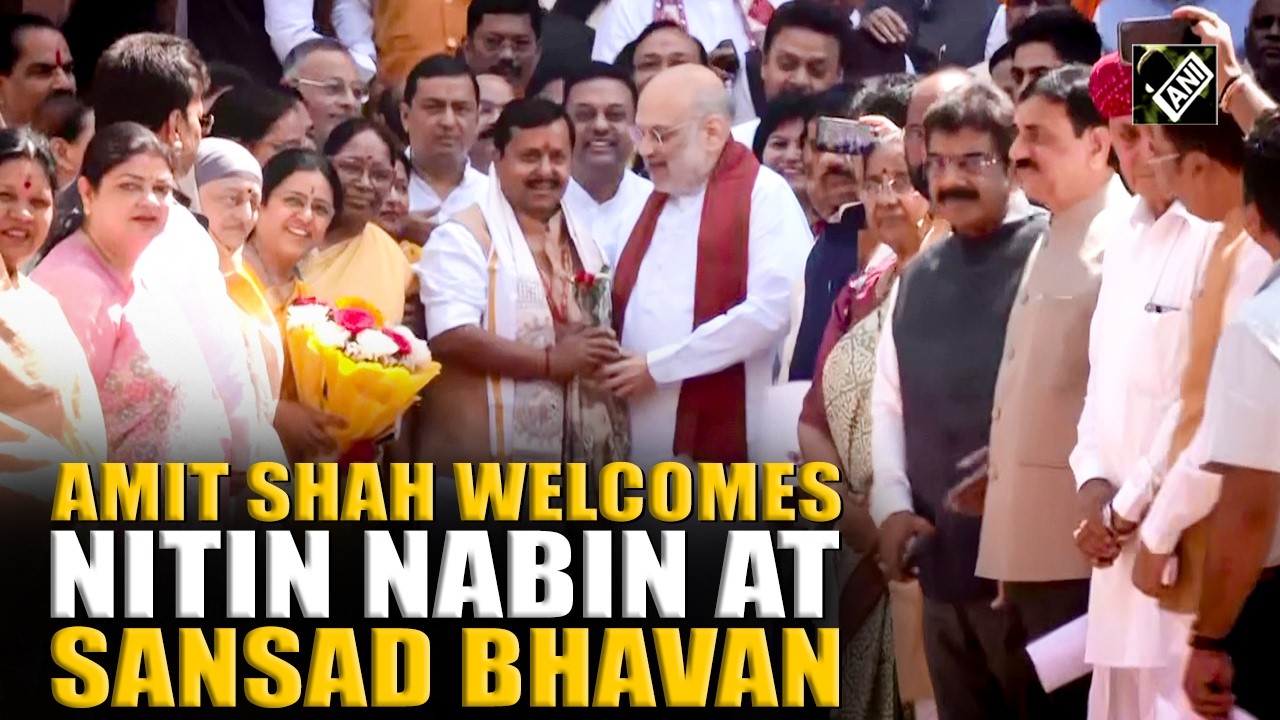 Home Minister Amit Shah welcomes BJP National President Nitin Nabin at Parliament