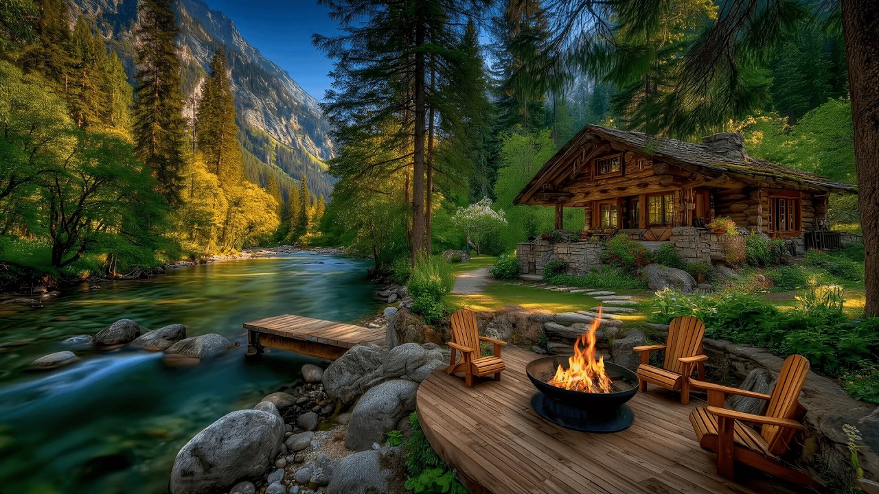 Ultimate Spring Ambience 🌿 — Forest Riverside Cabin Patio, Calm Birds & Firepit crackles