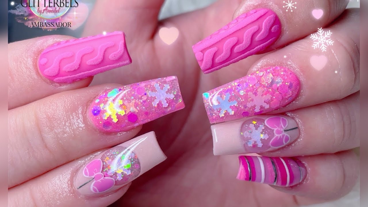 Its Christmasss (nearly) haha pink Christmas acrylic nails with colour block bauble and sweater nail