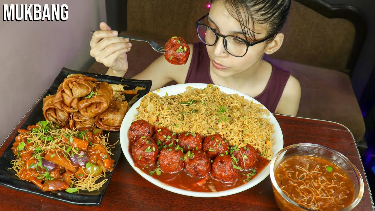 GRAVY MANCHURIAN FRIED RICE WITH CHILLY POTATO AND VEG CRISPY ROLLS | FOOD EATING MUKBANG ASMR