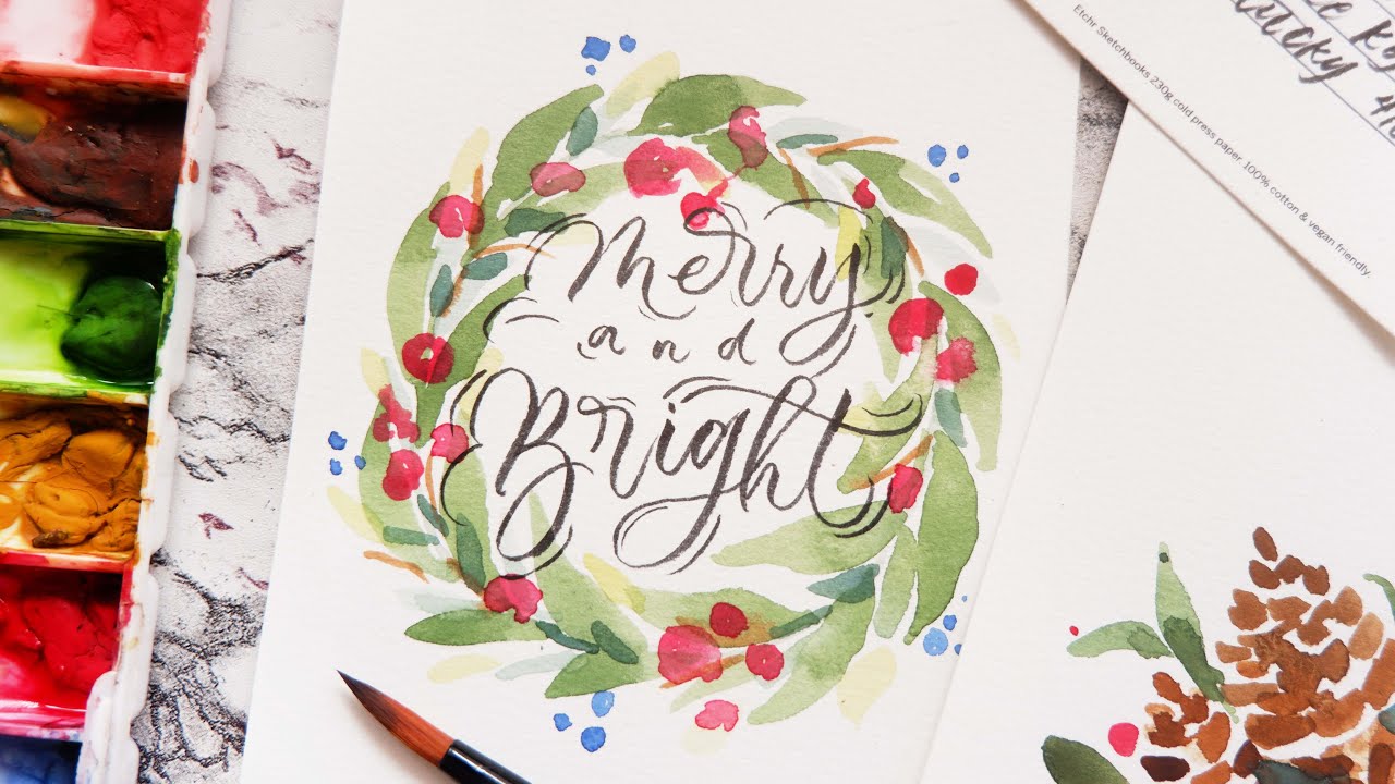 DIY Easy  Christmas Holiday Cards Watercolor Calligraphy │Paint with me