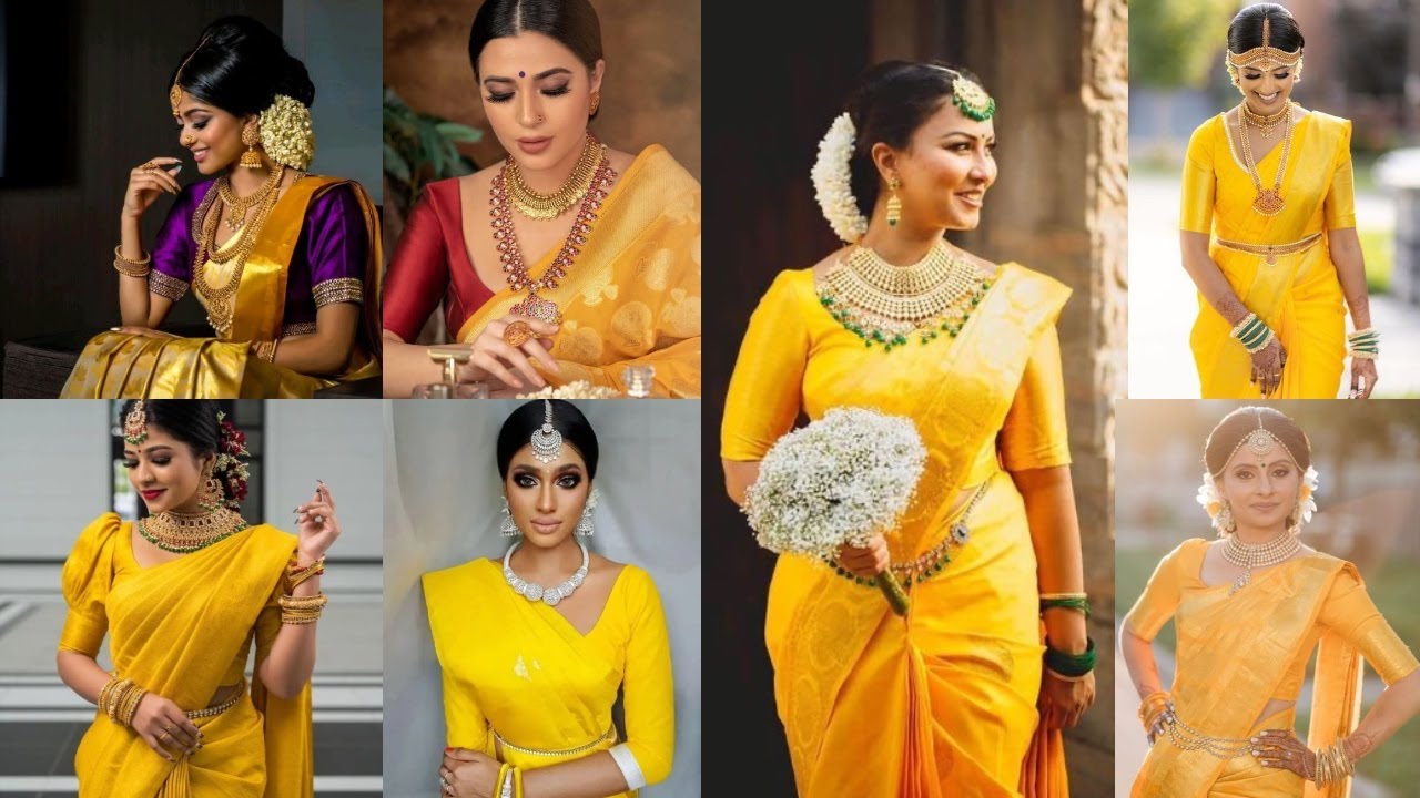 LATEST YELLOW SILK SAREES WITH CONTRAST BLOUSE IDEAS, NEW BRIDAL YELLOW SAREES WITH JEWELLERY