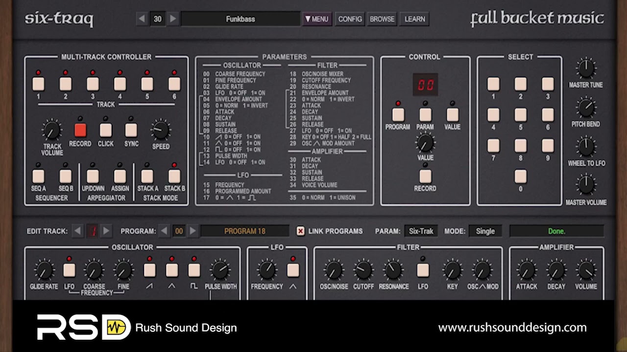 Soundbank for Full Bucket Music Six-Traq.  64 Stack Presets with 100 individual patches. Six-Trak.