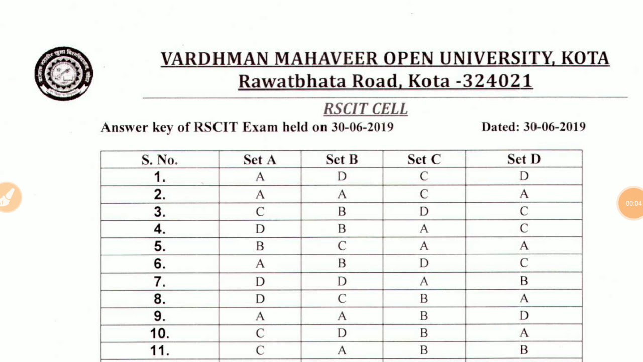 Rscit exam 30 June 2019 answer key/vmou kota rscit exam 30 June official answer key/rscit answer key