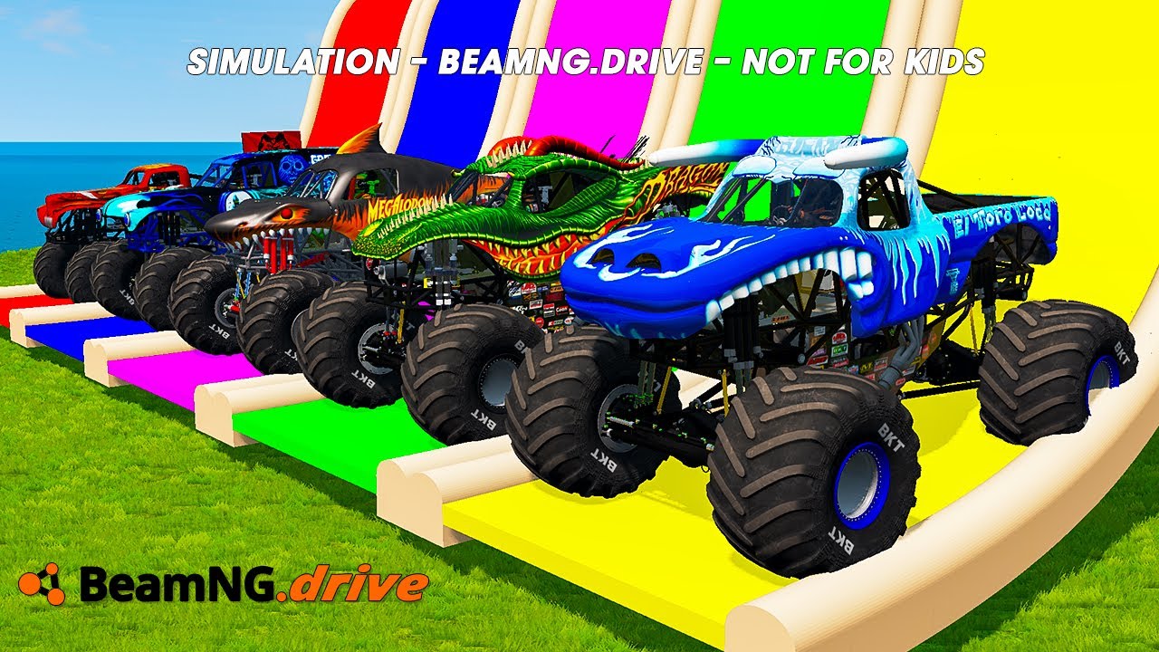 5 MONSTER TRUCKS vs GIANT COLOR WATER SLIDE #022 in BeamNG.Drive