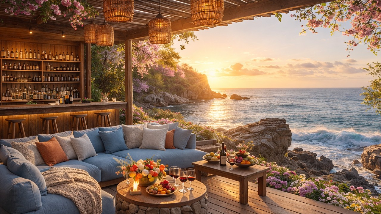 🍷 Seaside Jazz Bar Morning | Calm Ocean Ambience & Smooth Jazz for Relax & Focus