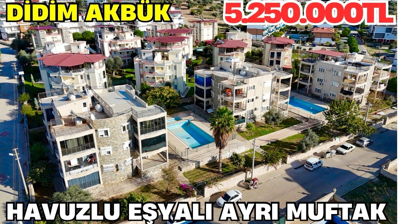 Aydın Didim Akbük’te köşe başı yeşil alan ve deniz manzaralı ayrı mutfak eşyalı 3+1 daire #satılık