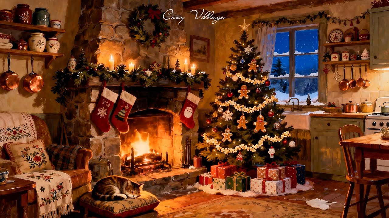 a snowy 1950s with vintage oldies playing in another room 🎄 cozy grackling fireplace & winter jazz