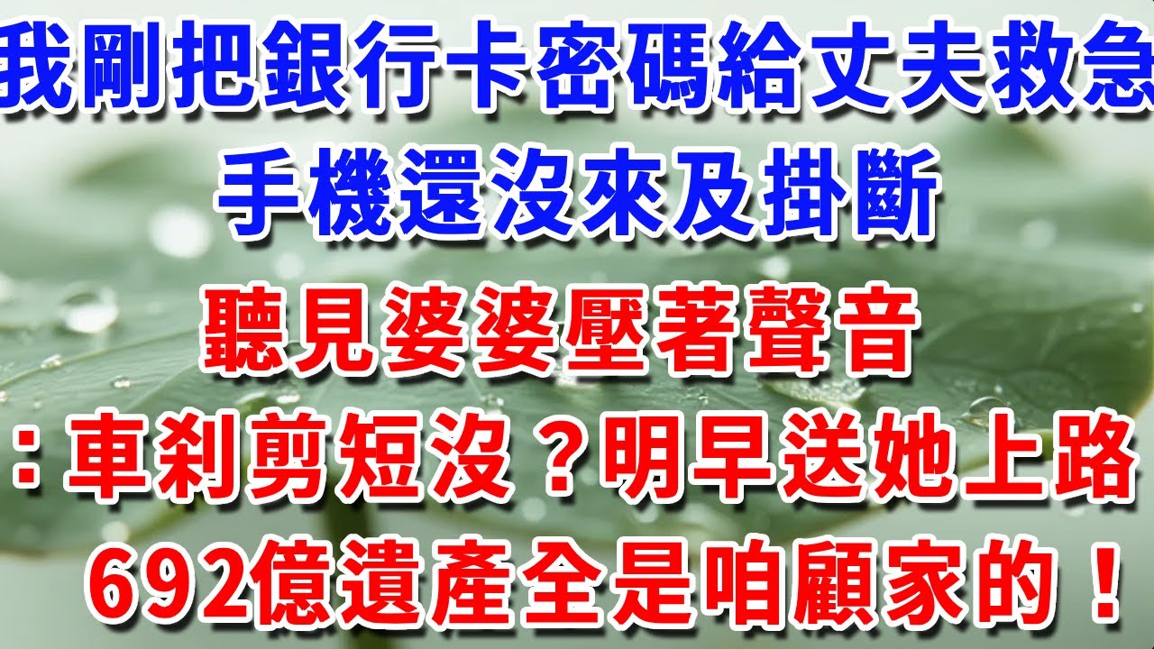 我剛把銀行卡密碼，給丈夫救急，手機還沒來及掛斷，聽見婆婆壓著聲音：車刹剪短沒？明早送她上路692億遺產全是咱顧家的！#一帆說故事 #為人處世 #生活經驗 #情感 #故事