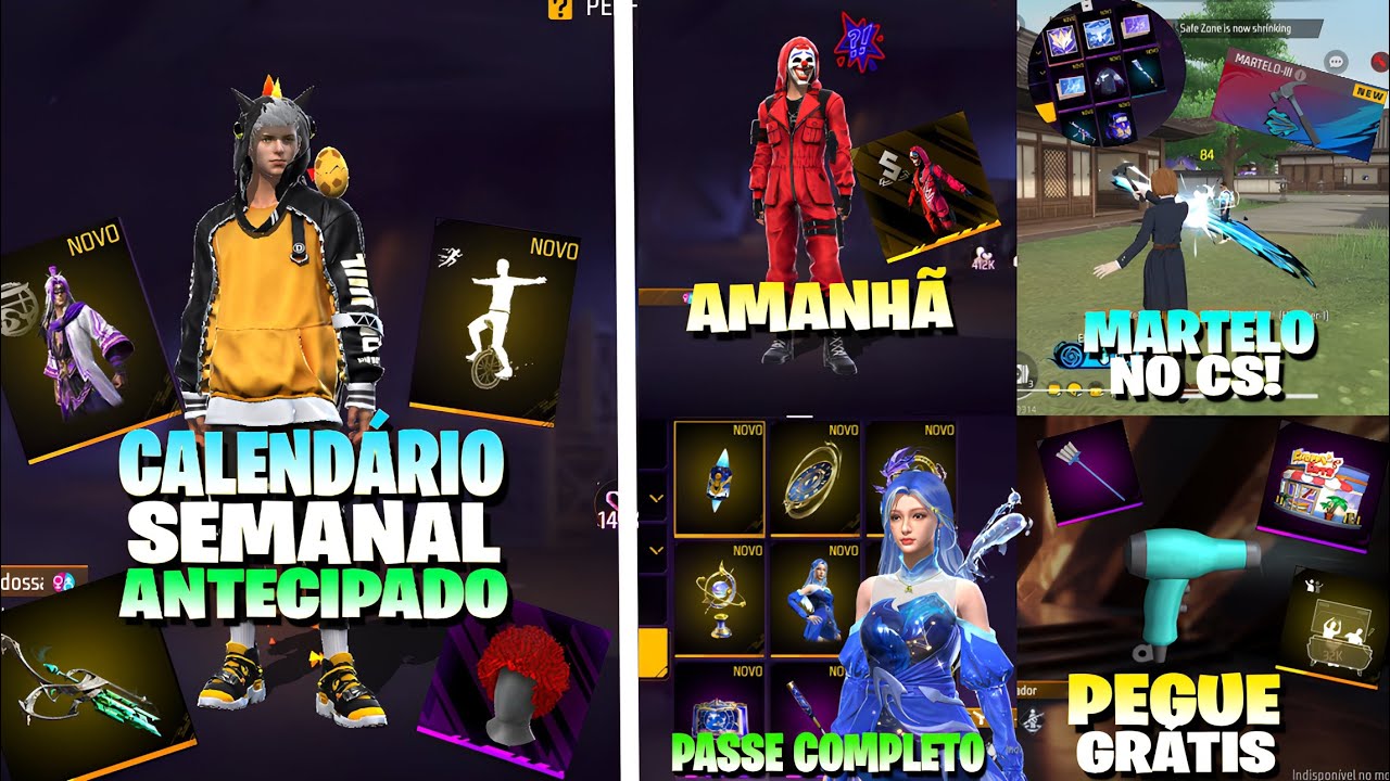 NOVO CALENDÁRIO SEMANAL ANTECIPADO FREE FIRE! MARTELO NO CS, SKINS GRÁTIS, NOVOS EVENTOS E MAIS!!
