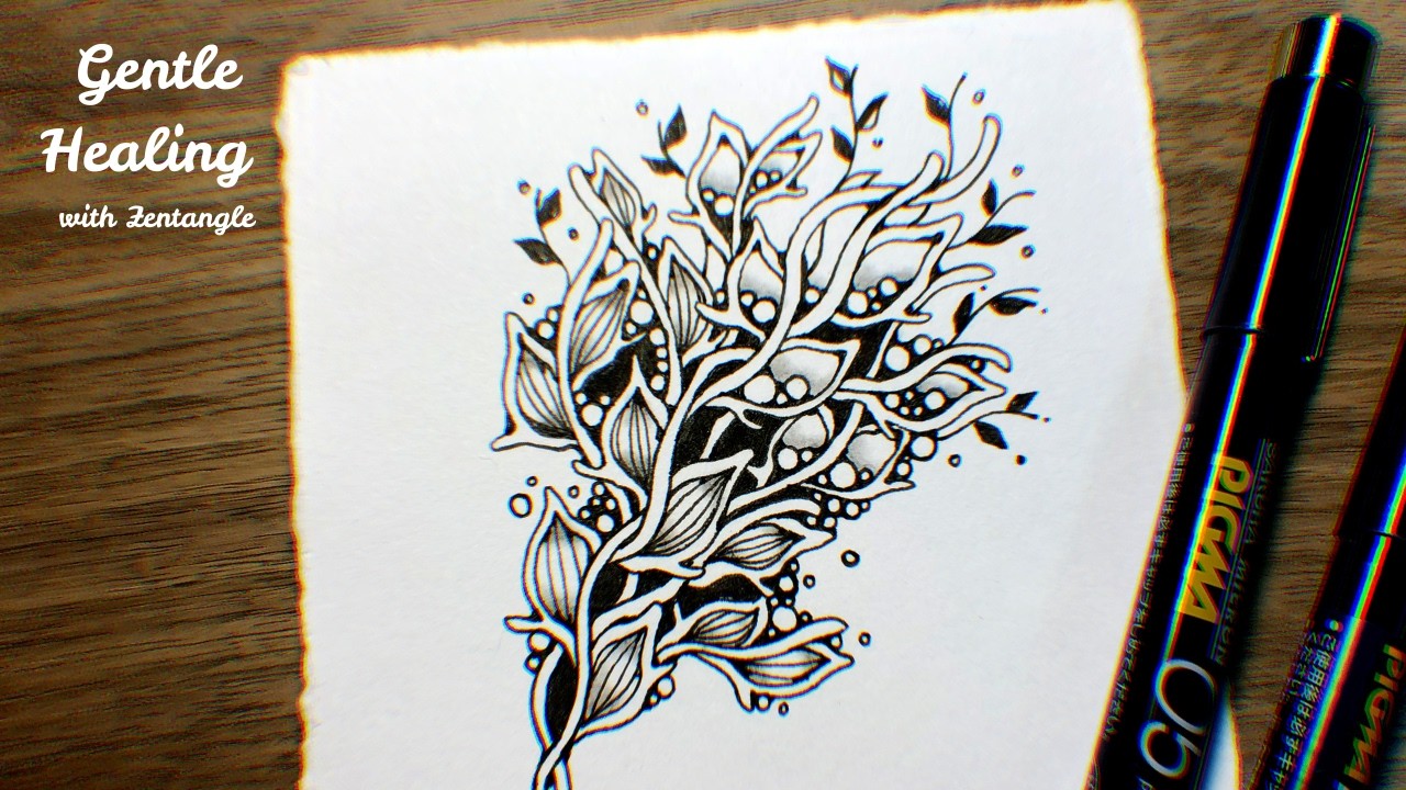 【Zentangle Inspired Art】Gentle Healing – Black Pen Botanical Patterns (Full Drawing Process)