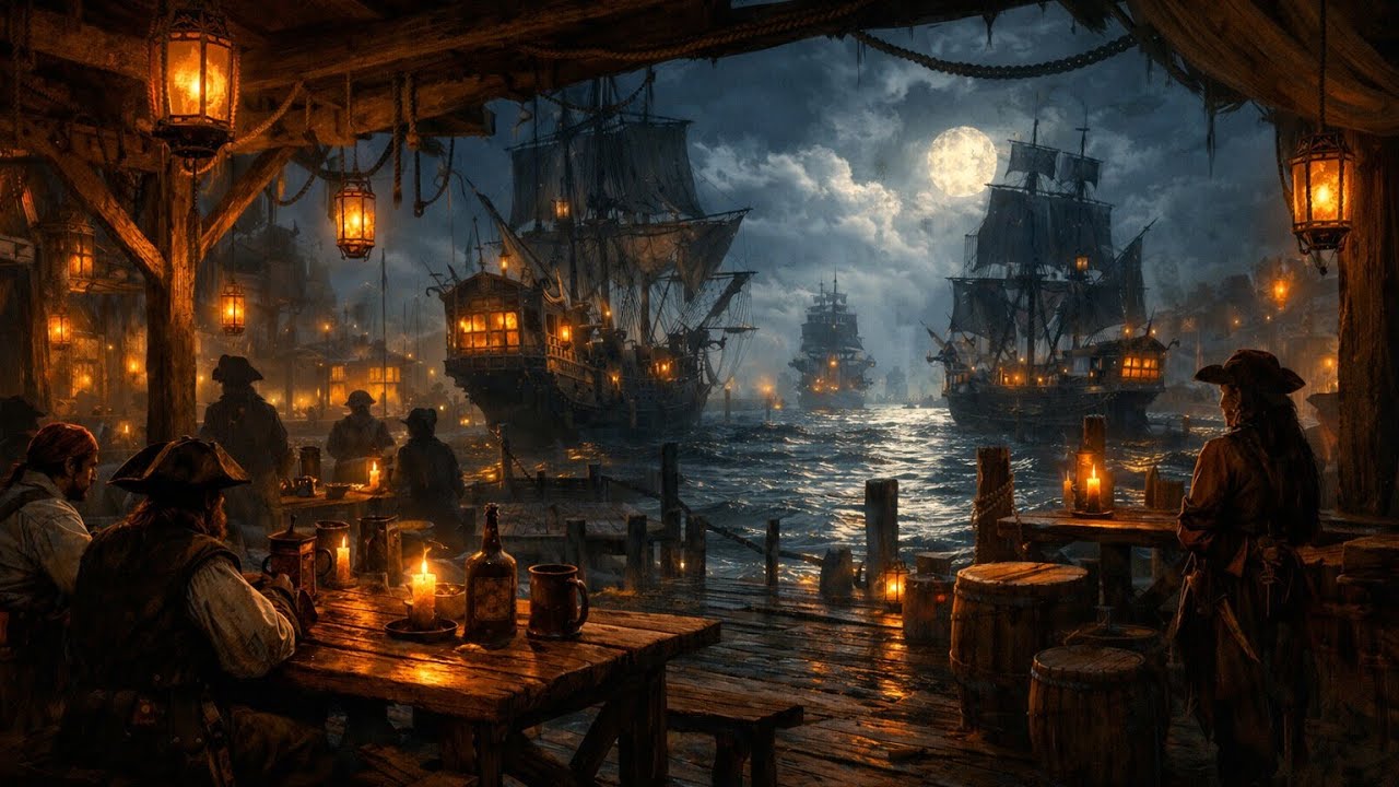 Pirate Tavern Night | Harbor Ambient with Ocean Waves