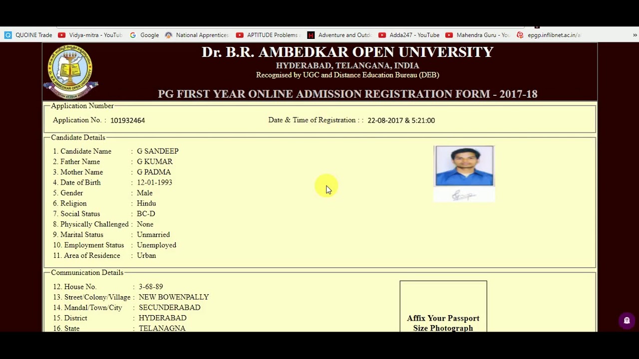 BRAOU Distance PG Online Application Print out (Already Applied Candidates)