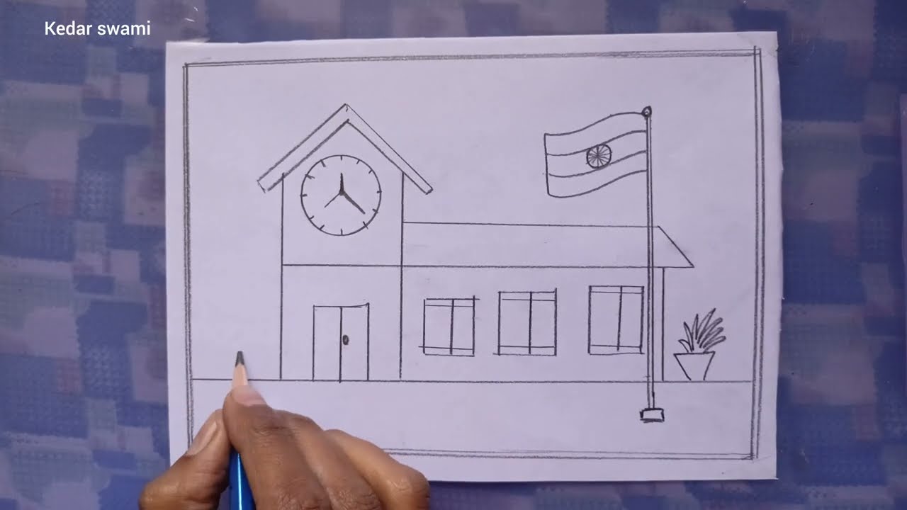 How To Draw School Drawing with flag easy  || school and Flag Drawing banaye step by step Tutorial 